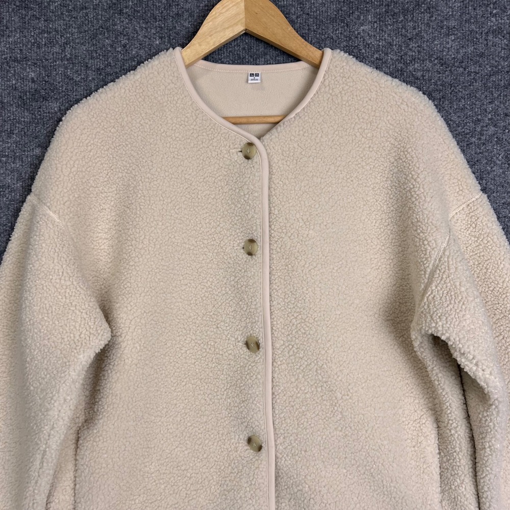 Uniqlo Fleece Cardigan Womens S Cream Excellent Button Up Sherpa Pile Jacket - Picture 3 of 9